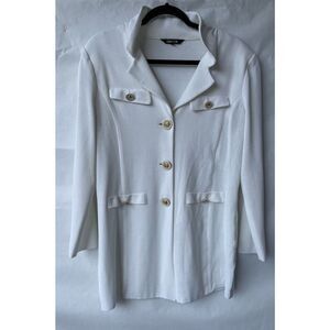Misook  White  Acrylic Blend Knit Jacket Gold Button Faux Front Pockets Size L